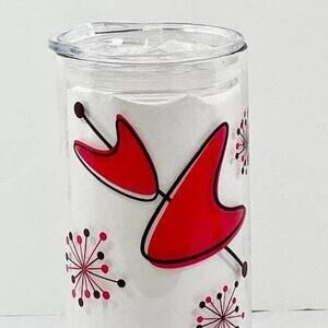 MCM Red Sputnik Boomerang 16 oz Glass with Drinking Lid and Straw